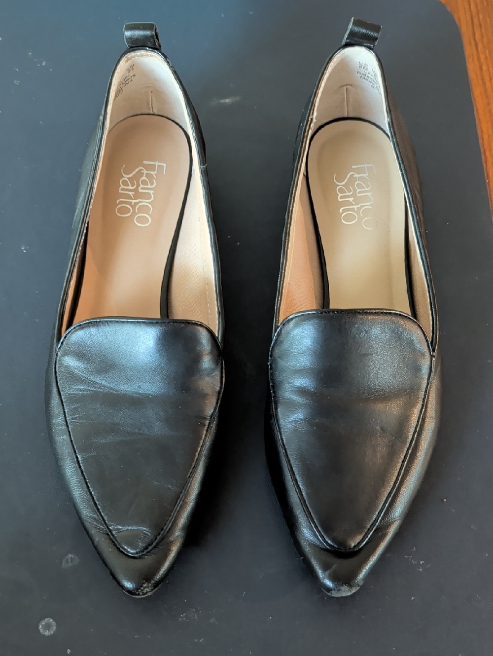 Franco Sarto Black Pointed Leather Slip-On Loafers
